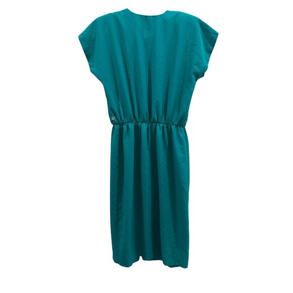 Vintage VTG Periwinkle Teal Dress Size 10 Gold Buttons USA Made V-Neck Buttons - Picture 2 of 6